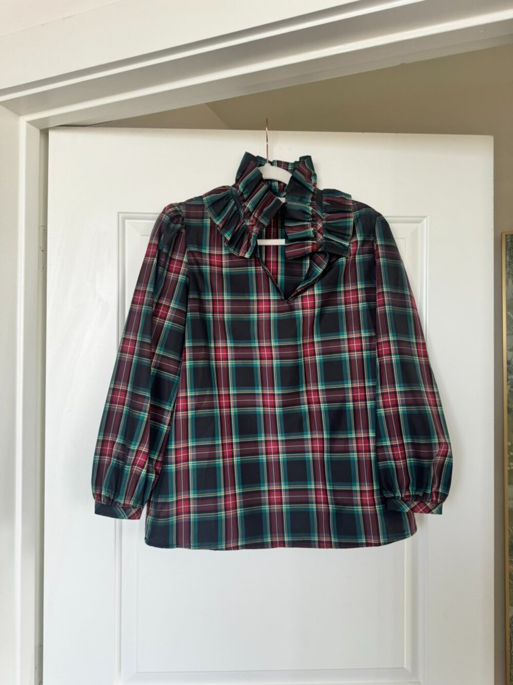 Tuckernuck Green Red Tartan Plaid Ruffle Collar Bouvier Blouse - Picture 2 of 5